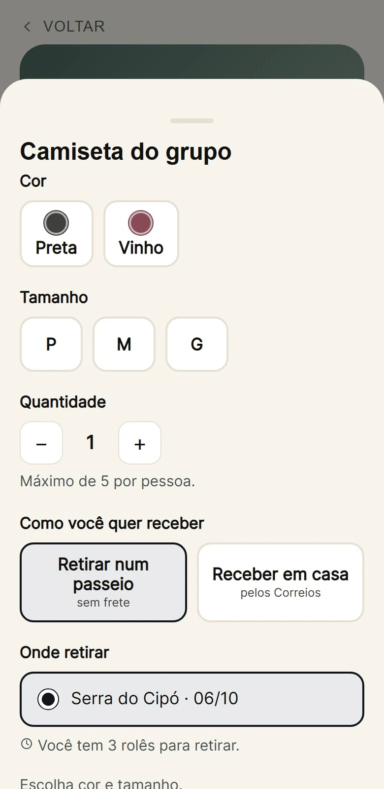 A folha de compra de uma camiseta: cor preta ou vinho com a bolinha da cor, tamanhos P, M e G, quantidade, retirar num passeio ou receber em casa